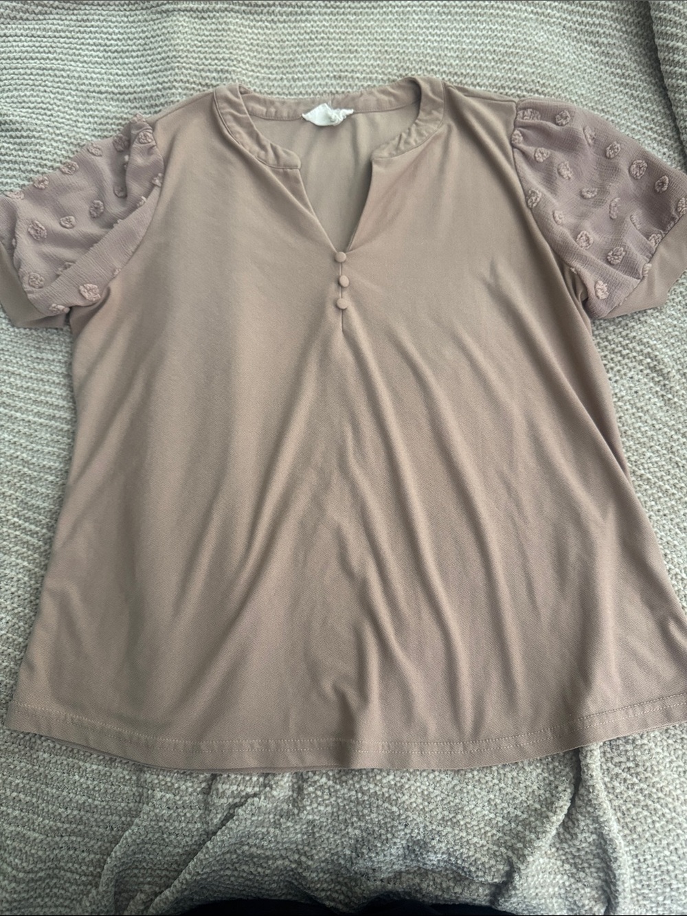 Women's Taupe Short Sleeve Top with Textured Puff Sleeves